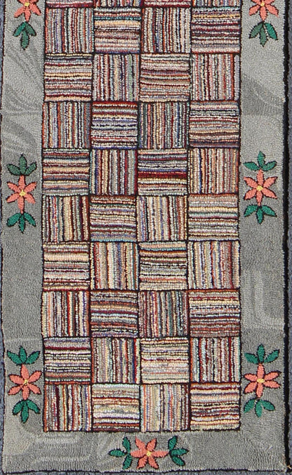 Antique American Hooked runner with colorful patchwork design, rug j10 - 1002, country of origin / type: United States / Hooked, circa 1920. This vintage American Hooked rug depicts a beautiful patchwork design in a variety of colors. The entirety... - Keivan Woven ArtsJ10 - 1002 - 2487Rug
