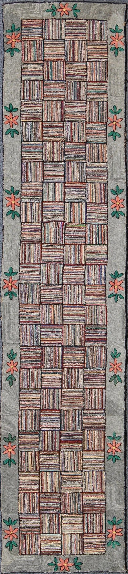 Antique American Hooked runner with colorful patchwork design, rug j10 - 1002, country of origin / type: United States / Hooked, circa 1920. This vintage American Hooked rug depicts a beautiful patchwork design in a variety of colors. The entirety... - Keivan Woven ArtsJ10 - 1002 - 2487Rug