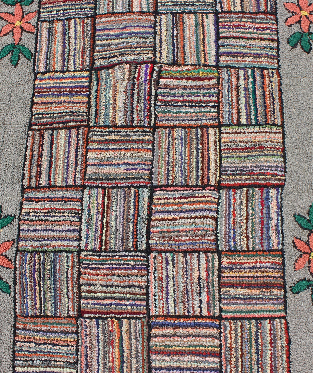 Antique American Hooked runner with colorful patchwork design, rug j10 - 1002, country of origin / type: United States / Hooked, circa 1920. This vintage American Hooked rug depicts a beautiful patchwork design in a variety of colors. The entirety... - Keivan Woven ArtsJ10 - 1002 - 2487Rug