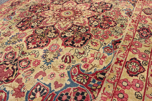 Late 19th Century Antique Lavar - Kerman Rug with Red and Pink Floral Medallion, rug j10 - 1003, country of origin / type: Iran / Kerman, circa 1890 This antique Persian Lavar Kerman rug, circa 1890 from the late 19th century features an ivory field... - Keivan Woven ArtsJ10 - 1003 - 2491Rug