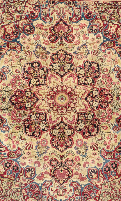 Late 19th Century Antique Lavar - Kerman Rug with Red and Pink Floral Medallion, rug j10 - 1003, country of origin / type: Iran / Kerman, circa 1890 This antique Persian Lavar Kerman rug, circa 1890 from the late 19th century features an ivory field... - Keivan Woven ArtsJ10 - 1003 - 2491Rug