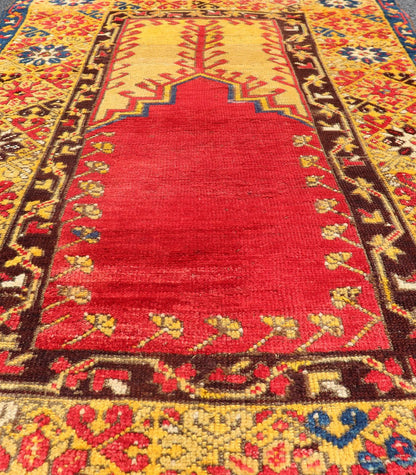 Antique Turkish Prayer Rug in Vibrant Saffron Yellow, Red and Blue. Keivan Woven Arts / rug J10 - 1010, country of origin / type: Turkey / Oushak, circa Early - 20th century Measures: 3'6 x 5'6. This antique prayer design rug from Konya region of Kir... - Keivan Woven ArtsJ10 - 1010 - 2501Rug