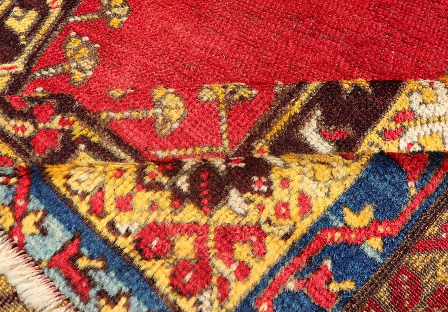 Antique Turkish Prayer Rug in Vibrant Saffron Yellow, Red and Blue. Keivan Woven Arts / rug J10 - 1010, country of origin / type: Turkey / Oushak, circa Early - 20th century Measures: 3'6 x 5'6. This antique prayer design rug from Konya region of Kir... - Keivan Woven ArtsJ10 - 1010 - 2501Rug