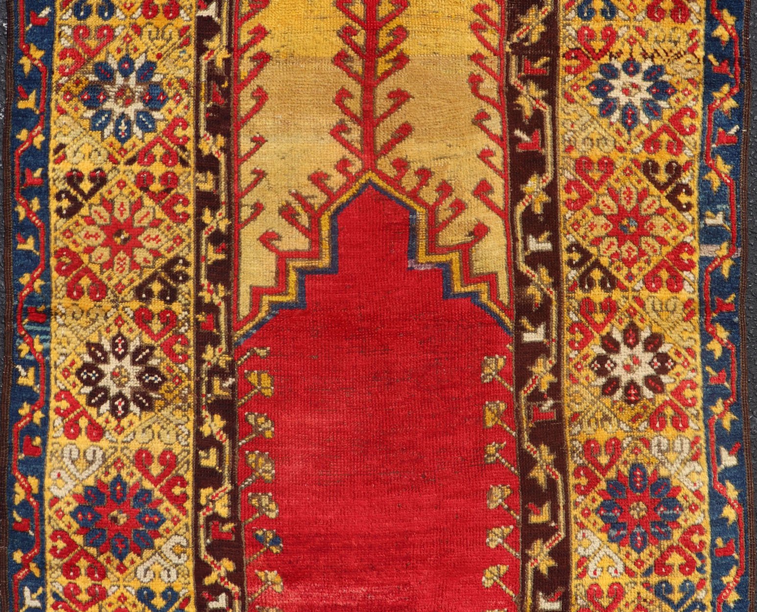 Antique Turkish Prayer Rug in Vibrant Saffron Yellow, Red and Blue. Keivan Woven Arts / rug J10 - 1010, country of origin / type: Turkey / Oushak, circa Early - 20th century Measures: 3'6 x 5'6. This antique prayer design rug from Konya region of Kir... - Keivan Woven ArtsJ10 - 1010 - 2501Rug