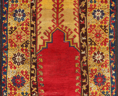 Antique Turkish Prayer Rug in Vibrant Saffron Yellow, Red and Blue. Keivan Woven Arts / rug J10 - 1010, country of origin / type: Turkey / Oushak, circa Early - 20th century Measures: 3'6 x 5'6. This antique prayer design rug from Konya region of Kir... - Keivan Woven ArtsJ10 - 1010 - 2501Rug