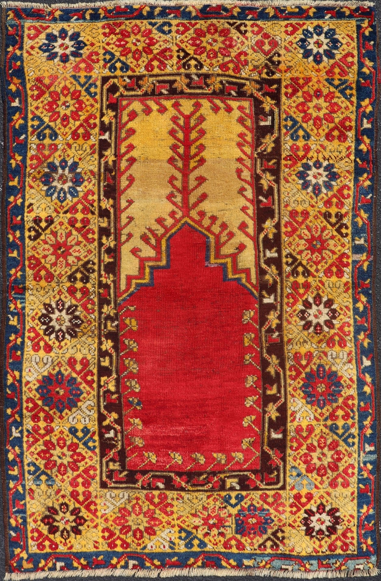 Antique Turkish Prayer Rug in Vibrant Saffron Yellow, Red and Blue. Keivan Woven Arts / rug J10 - 1010, country of origin / type: Turkey / Oushak, circa Early - 20th century Measures: 3'6 x 5'6. This antique prayer design rug from Konya region of Kir... - Keivan Woven ArtsJ10 - 1010 - 2501Rug