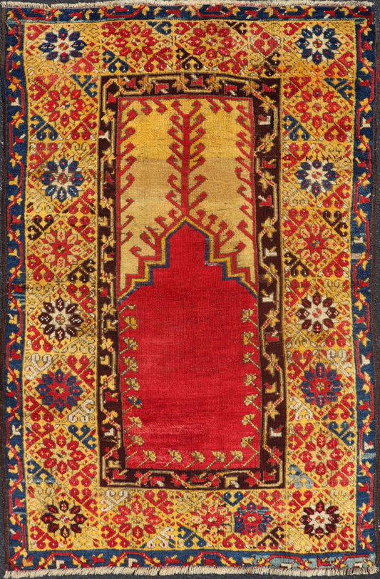Antique Turkish Prayer Rug in Vibrant Saffron Yellow, Red and Blue. Keivan Woven Arts / rug J10 - 1010, country of origin / type: Turkey / Oushak, circa Early - 20th century Measures: 3'6 x 5'6. This antique prayer design rug from Konya region of Kir... - Keivan Woven ArtsJ10 - 1010 - 2501Rug