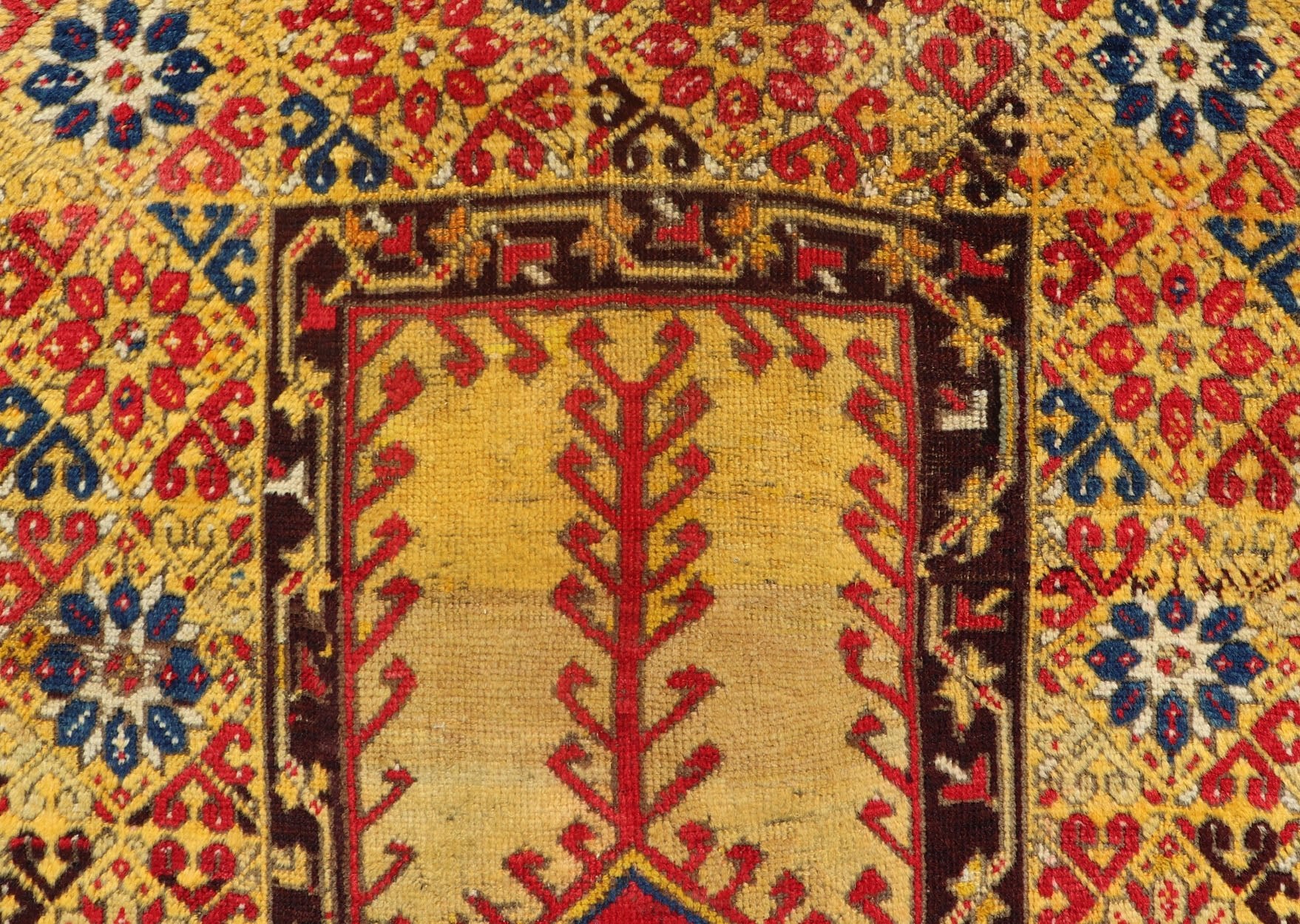 Antique Turkish Prayer Rug in Vibrant Saffron Yellow, Red and Blue. Keivan Woven Arts / rug J10 - 1010, country of origin / type: Turkey / Oushak, circa Early - 20th century Measures: 3'6 x 5'6. This antique prayer design rug from Konya region of Kir... - Keivan Woven ArtsJ10 - 1010 - 2501Rug