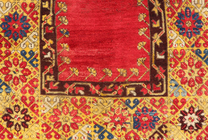 Antique Turkish Prayer Rug in Vibrant Saffron Yellow, Red and Blue. Keivan Woven Arts / rug J10 - 1010, country of origin / type: Turkey / Oushak, circa Early - 20th century Measures: 3'6 x 5'6. This antique prayer design rug from Konya region of Kir... - Keivan Woven ArtsJ10 - 1010 - 2501Rug