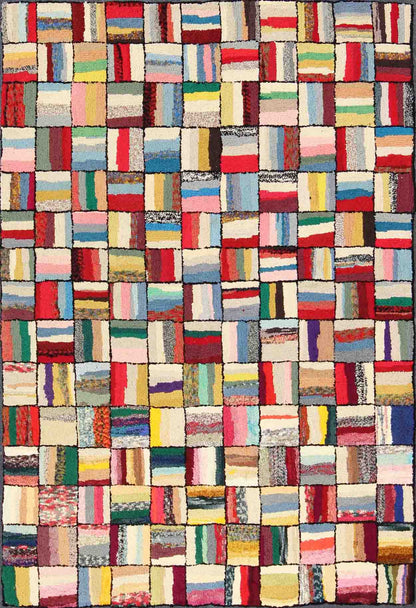 Vintage American Hook Rug This spectacular vintage American hook rug visually vibrates with a stunning myriad of colors and striped, checker - patterned weaves. The repeat patterned squares are outlined in a thin border of black and contain a vast... - Keivan Woven ArtsJ10 - 1013 - 2507Rug