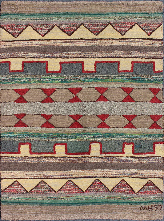 Vintage American Hooked Rug with Geometric Tribal Designs Vintage American hooked rug with geometric tribal designs, Keivan Woven Arts / rug J10 - 1014, country of origin / type: United States / Hooked, circa 1950 Ingenious in style, color ... - Keivan Woven ArtsJ10 - 1014 - 2511Rug