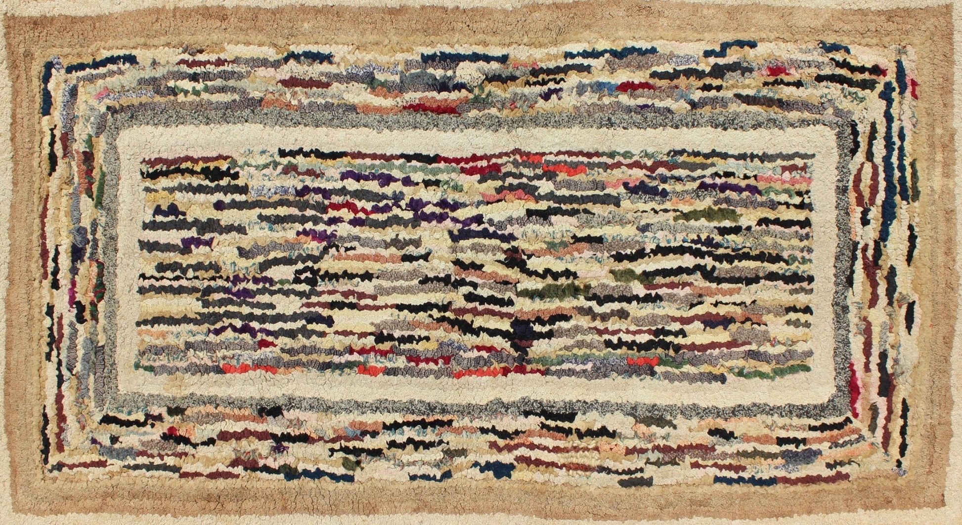 American Hooked Rug with Variegated Design in Black, Brown and Taupe Antique hooked rug with variegated design, Keivan Woven Arts , rug J10 - 1017, country of origin / type: United States / Hooked, circa 1920. This antique rug features a va... - Keivan Woven ArtsJ10 - 1017 - 2515Rug