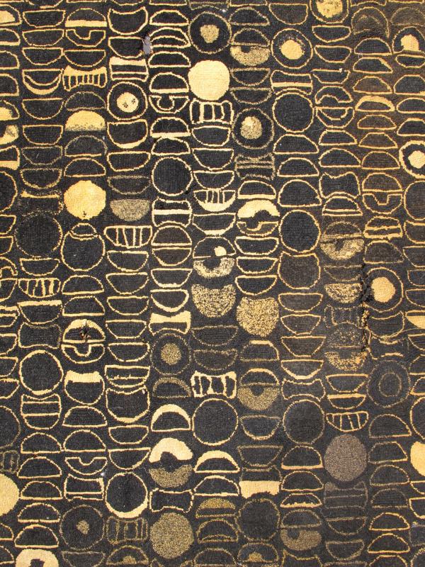 Very Old American Hooked Rug with Modern, Circular Pattern and Charcoal Field This very old American hooked carpet was produced in the late 19th century. It features an unusually modern, geometric, all - over pattern of various circular shapes set... - Keivan Woven ArtsJ10 - 1019 - 2229Rug