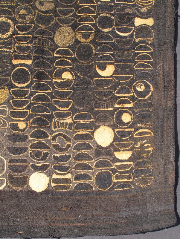 Very Old American Hooked Rug with Modern, Circular Pattern and Charcoal Field This very old American hooked carpet was produced in the late 19th century. It features an unusually modern, geometric, all - over pattern of various circular shapes set... - Keivan Woven ArtsJ10 - 1019 - 2229Rug