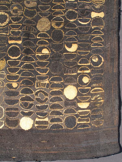 Very Old American Hooked Rug with Modern, Circular Pattern and Charcoal Field This very old American hooked carpet was produced in the late 19th century. It features an unusually modern, geometric, all - over pattern of various circular shapes set... - Keivan Woven ArtsJ10 - 1019 - 2229Rug