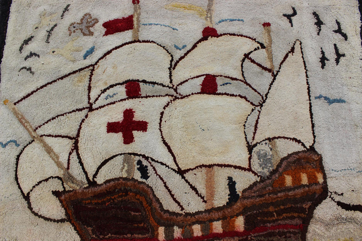Pictorial Antique American Hooked Rug with Knights Templar Ship at the Sea Antique American hooked rug with boat at the sea, birds with knights templar. Keivan Woven Arts/ rug/ J10 - 1201, country of origin / type: United States / Hooked, circa ... - Keivan Woven ArtsJ10 - 1201 - 2541Rug