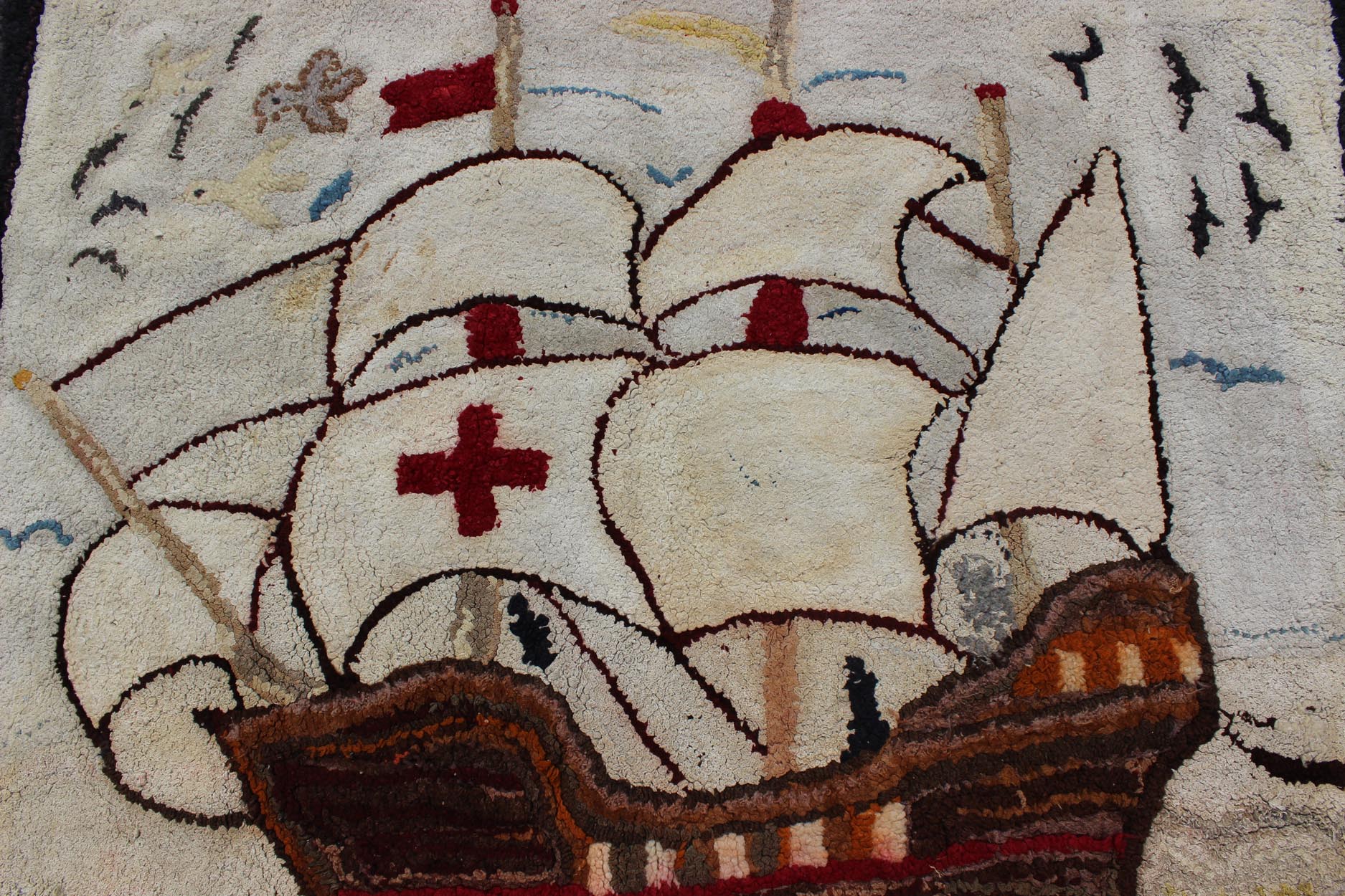 Pictorial Antique American Hooked Rug with Knights Templar Ship at the Sea Antique American hooked rug with boat at the sea, birds with knights templar. Keivan Woven Arts/ rug/ J10 - 1201, country of origin / type: United States / Hooked, circa ... - Keivan Woven ArtsJ10 - 1201 - 2541Rug