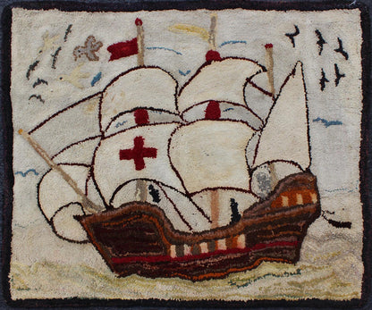 Pictorial Antique American Hooked Rug with Knights Templar Ship at the Sea Antique American hooked rug with boat at the sea, birds with knights templar. Keivan Woven Arts/ rug/ J10 - 1201, country of origin / type: United States / Hooked, circa ... - Keivan Woven ArtsJ10 - 1201 - 2541Rug