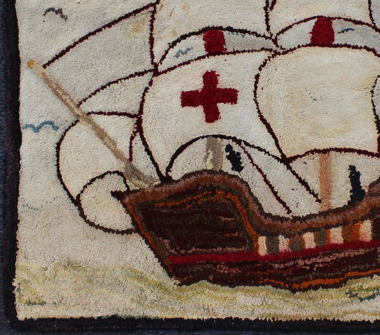 Pictorial Antique American Hooked Rug with Knights Templar Ship at the Sea Antique American hooked rug with boat at the sea, birds with knights templar. Keivan Woven Arts/ rug/ J10 - 1201, country of origin / type: United States / Hooked, circa ... - Keivan Woven ArtsJ10 - 1201 - 2541Rug