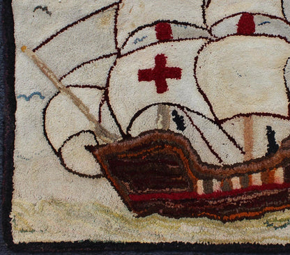 Pictorial Antique American Hooked Rug with Knights Templar Ship at the Sea Antique American hooked rug with boat at the sea, birds with knights templar. Keivan Woven Arts/ rug/ J10 - 1201, country of origin / type: United States / Hooked, circa ... - Keivan Woven ArtsJ10 - 1201 - 2541Rug