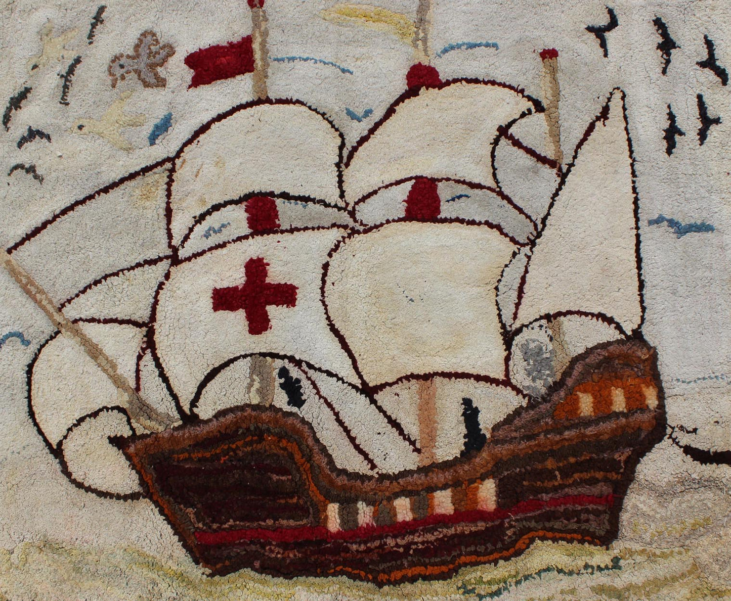 Pictorial Antique American Hooked Rug with Knights Templar Ship at the Sea Antique American hooked rug with boat at the sea, birds with knights templar. Keivan Woven Arts/ rug/ J10 - 1201, country of origin / type: United States / Hooked, circa ... - Keivan Woven ArtsJ10 - 1201 - 2541Rug