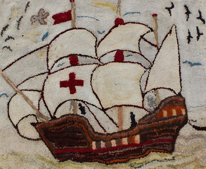 Pictorial Antique American Hooked Rug with Knights Templar Ship at the Sea Antique American hooked rug with boat at the sea, birds with knights templar. Keivan Woven Arts/ rug/ J10 - 1201, country of origin / type: United States / Hooked, circa ... - Keivan Woven ArtsJ10 - 1201 - 2541Rug