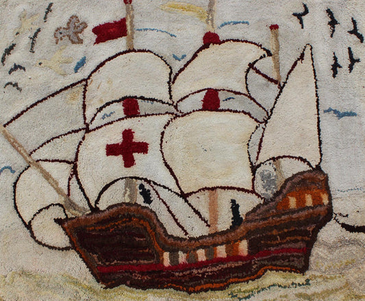 Pictorial Antique American Hooked Rug with Knights Templar Ship at the Sea Antique American hooked rug with boat at the sea, birds with knights templar. Keivan Woven Arts/ rug/ J10 - 1201, country of origin / type: United States / Hooked, circa ... - Keivan Woven ArtsJ10 - 1201 - 2541Rug