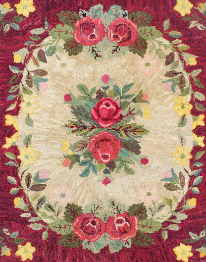 Vintage American Hooked rug with red rose and yellow flower bouquets, rug j10 - 1202, country of origin / type: United States / Hooked, circa 1930 This antique American Hooked rug depicts beautiful floral arrangements/bouquets placed within a circ... - Keivan Woven ArtsJ10 - 1202 - 2325Rug