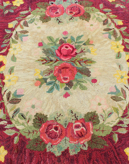 Vintage American Hooked rug with red rose and yellow flower bouquets, rug j10 - 1202, country of origin / type: United States / Hooked, circa 1930 This antique American Hooked rug depicts beautiful floral arrangements/bouquets placed within a circ... - Keivan Woven ArtsJ10 - 1202 - 2325Rug