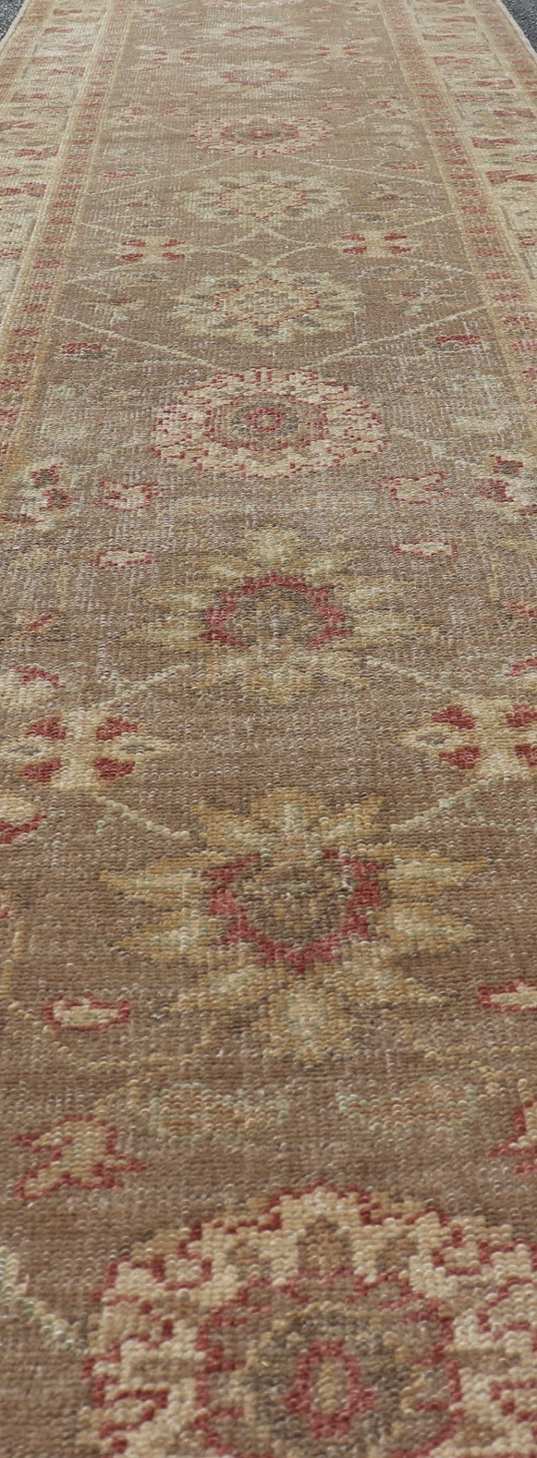 Long Runner, Turkish Oushak Runner with All - Over Design in Tans and Coral Red Turkish Oushak Runner, rug JT - 6032, country of origin / type: Turkey / Oushak, circa Late - 20th Century Measures: 2'8 x 18'2. This traditional Oushak run... - Keivan Woven ArtsJT - 6032 - 1520Rug