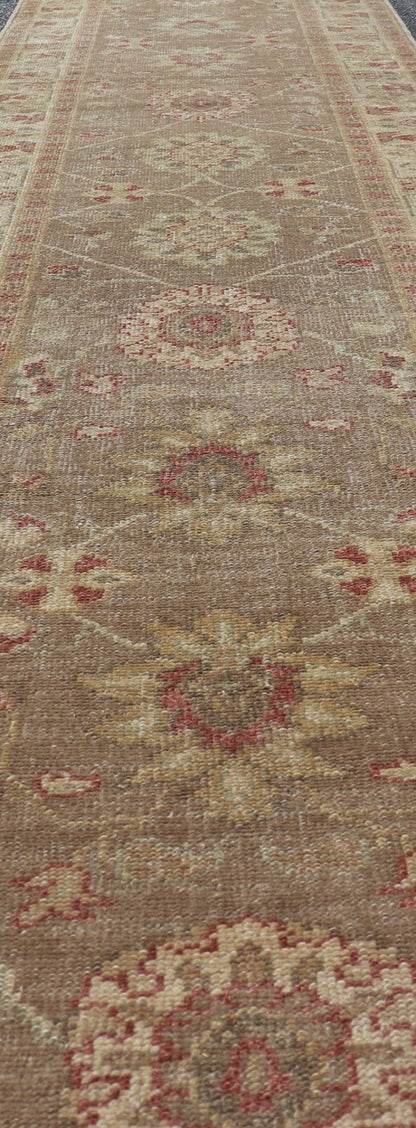Long Runner, Turkish Oushak Runner with All - Over Design in Tans and Coral Red Turkish Oushak Runner, rug JT - 6032, country of origin / type: Turkey / Oushak, circa Late - 20th Century Measures: 2'8 x 18'2. This traditional Oushak run... - Keivan Woven ArtsJT - 6032 - 1520Rug