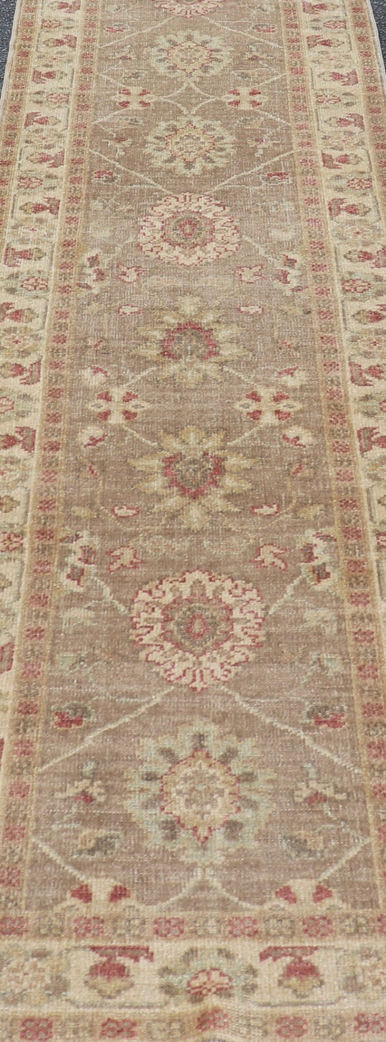 Long Runner, Turkish Oushak Runner with All - Over Design in Tans and Coral Red Turkish Oushak Runner, rug JT - 6032, country of origin / type: Turkey / Oushak, circa Late - 20th Century Measures: 2'8 x 18'2. This traditional Oushak run... - Keivan Woven ArtsJT - 6032 - 1520Rug