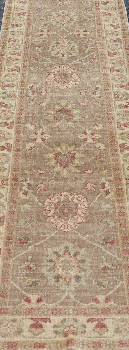 Long Runner, Turkish Oushak Runner with All - Over Design in Tans and Coral Red Turkish Oushak Runner, rug JT - 6032, country of origin / type: Turkey / Oushak, circa Late - 20th Century Measures: 2'8 x 18'2. This traditional Oushak run... - Keivan Woven ArtsJT - 6032 - 1520Rug