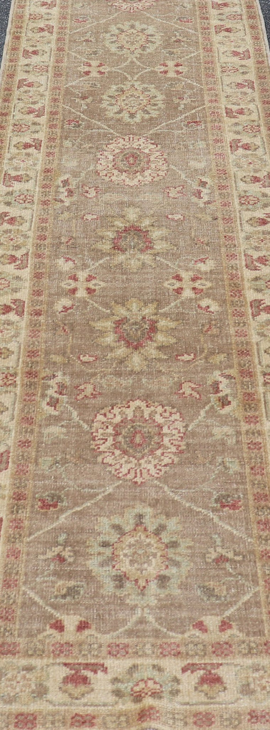Long Runner, Turkish Oushak Runner with All - Over Design in Tans and Coral Red Turkish Oushak Runner, rug JT - 6032, country of origin / type: Turkey / Oushak, circa Late - 20th Century Measures: 2'8 x 18'2. This traditional Oushak run... - Keivan Woven ArtsJT - 6032 - 1520Rug