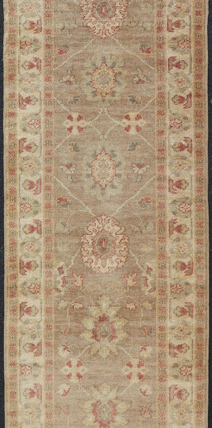 Long Runner, Turkish Oushak Runner with All - Over Design in Tans and Coral Red Turkish Oushak Runner, rug JT - 6032, country of origin / type: Turkey / Oushak, circa Late - 20th Century Measures: 2'8 x 18'2. This traditional Oushak run... - Keivan Woven ArtsJT - 6032 - 1520Rug