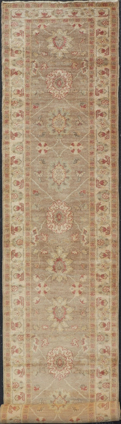 Long Runner, Turkish Oushak Runner with All - Over Design in Tans and Coral Red Turkish Oushak Runner, rug JT - 6032, country of origin / type: Turkey / Oushak, circa Late - 20th Century Measures: 2'8 x 18'2. This traditional Oushak run... - Keivan Woven ArtsJT - 6032 - 1520Rug