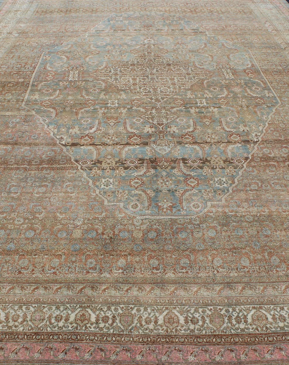 Early 20th century antique Persian Bibikabad Hamadan rug in light blue background, brown, salmon, cream, taupe and charcoal. Early 20th century antique Persian Bibikabad rug with large Medallion and Herati motifs throughout the rug, rug kb - 180701, ... - Keivan Woven ArtsKB - 180701 - 339Rug