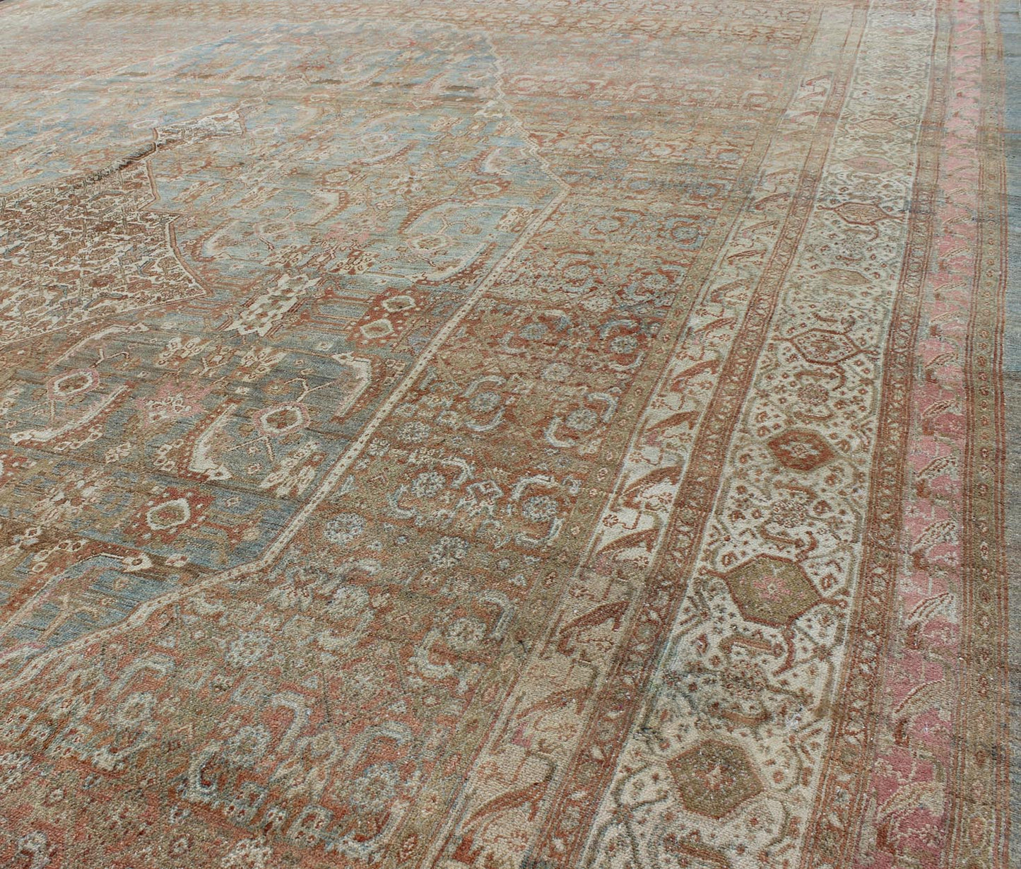 Early 20th century antique Persian Bibikabad Hamadan rug in light blue background, brown, salmon, cream, taupe and charcoal. Early 20th century antique Persian Bibikabad rug with large Medallion and Herati motifs throughout the rug, rug kb - 180701, ... - Keivan Woven ArtsKB - 180701 - 339Rug