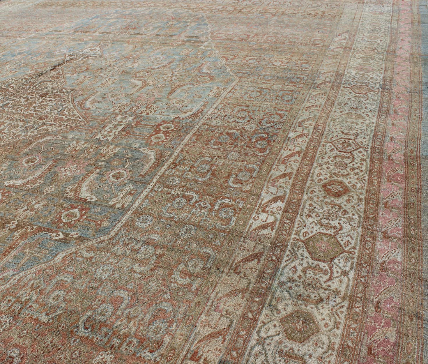 Early 20th century antique Persian Bibikabad Hamadan rug in light blue background, brown, salmon, cream, taupe and charcoal. Early 20th century antique Persian Bibikabad rug with large Medallion and Herati motifs throughout the rug, rug kb - 180701, ... - Keivan Woven ArtsKB - 180701 - 339Rug