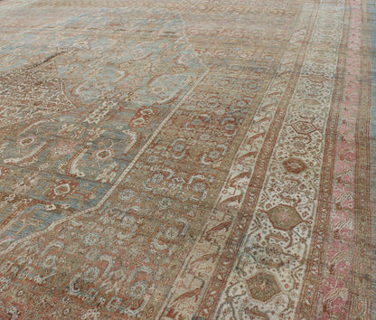 Early 20th century antique Persian Bibikabad Hamadan rug in light blue background, brown, salmon, cream, taupe and charcoal. Early 20th century antique Persian Bibikabad rug with large Medallion and Herati motifs throughout the rug, rug kb - 180701, ... - Keivan Woven ArtsKB - 180701 - 339Rug