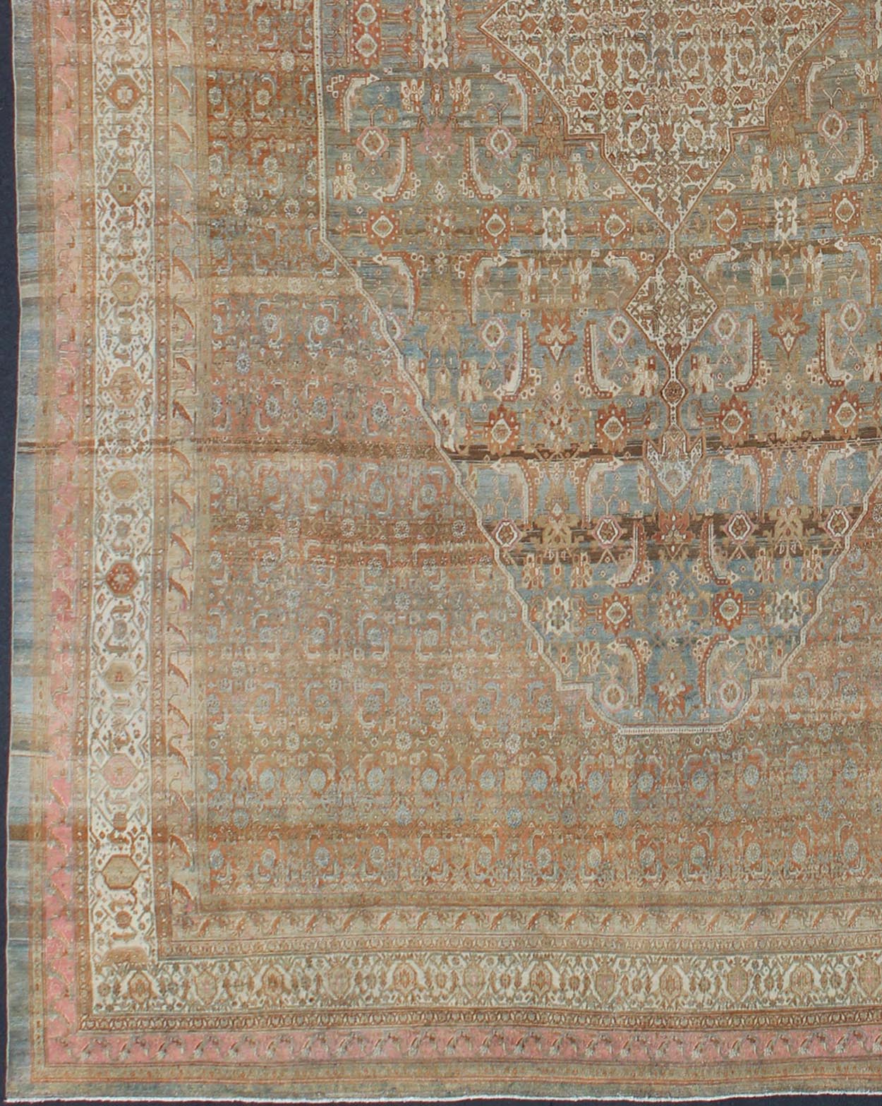 Early 20th century antique Persian Bibikabad Hamadan rug in light blue background, brown, salmon, cream, taupe and charcoal. Early 20th century antique Persian Bibikabad rug with large Medallion and Herati motifs throughout the rug, rug kb - 180701, ... - Keivan Woven ArtsKB - 180701 - 339Rug
