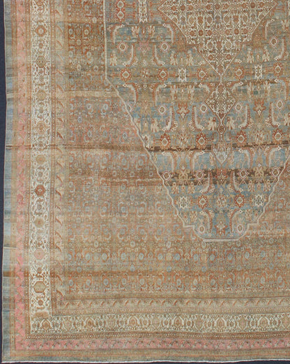 Early 20th century antique Persian Bibikabad Hamadan rug in light blue background, brown, salmon, cream, taupe and charcoal. Early 20th century antique Persian Bibikabad rug with large Medallion and Herati motifs throughout the rug, rug kb - 180701, ... - Keivan Woven ArtsKB - 180701 - 339Rug