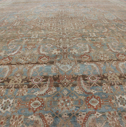 Early 20th century antique Persian Bibikabad Hamadan rug in light blue background, brown, salmon, cream, taupe and charcoal. Early 20th century antique Persian Bibikabad rug with large Medallion and Herati motifs throughout the rug, rug kb - 180701, ... - Keivan Woven ArtsKB - 180701 - 339Rug