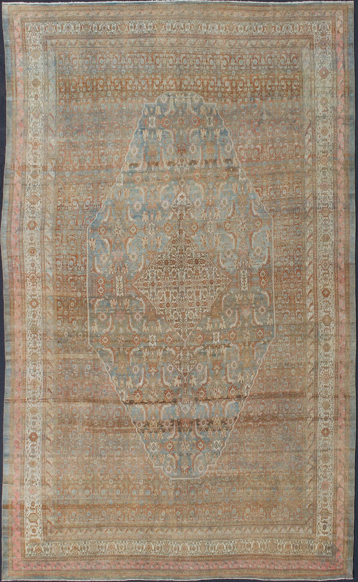 Early 20th century antique Persian Bibikabad Hamadan rug in light blue background, brown, salmon, cream, taupe and charcoal. Early 20th century antique Persian Bibikabad rug with large Medallion and Herati motifs throughout the rug, rug kb - 180701, ... - Keivan Woven ArtsKB - 180701 - 339Rug