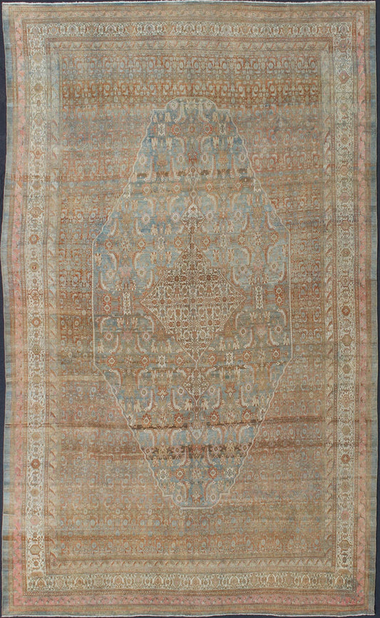 Early 20th century antique Persian Bibikabad Hamadan rug in light blue background, brown, salmon, cream, taupe and charcoal. Early 20th century antique Persian Bibikabad rug with large Medallion and Herati motifs throughout the rug, rug kb - 180701, ... - Keivan Woven ArtsKB - 180701 - 339Rug