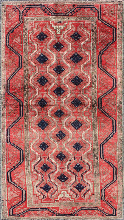 Midcentury vintage Beluch rug with all - over diamond pattern in red and charcoal, rug ke - 3299, country of origin / type: Afghanistan / Tribal, circa mid - 20th century This impressive and complex vintage Afghan Beluch rug (circa mid - 20th century) f... - Keivan Woven ArtsKB - 3299 - 6117Rug