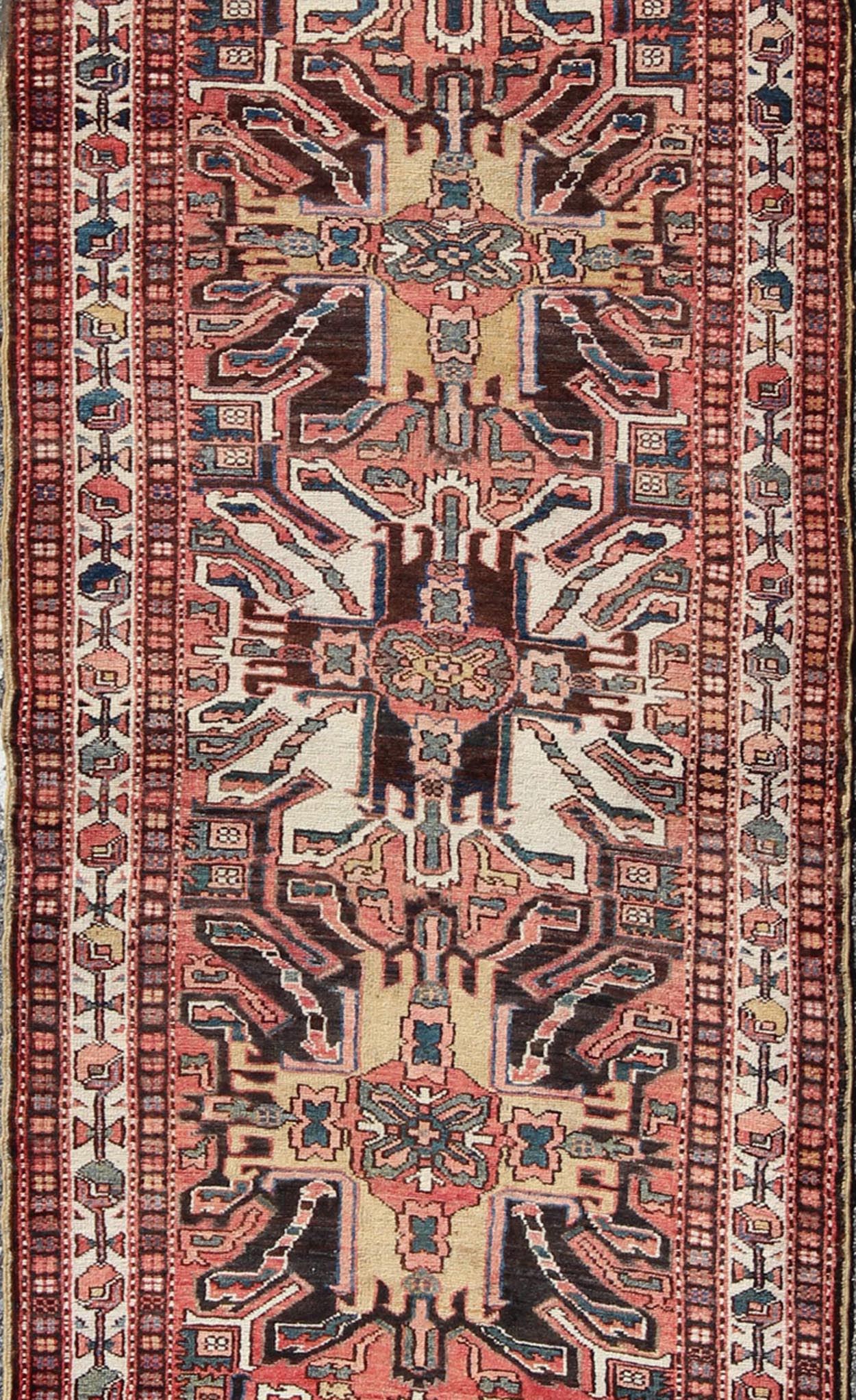 Multicolored Antique Persian Karajeh Runner With Vertical Geometric Tribal Medallions. Keivan Woven Arts / rug H - 202 - 29, country of origin / type: Caucasus / Karadjeh, circa 1920 Inspired by 19th century Eagle Kazak, the field design of this early 2... - Keivan Woven ArtsKB - H - 202 - 29 - 281Rug
