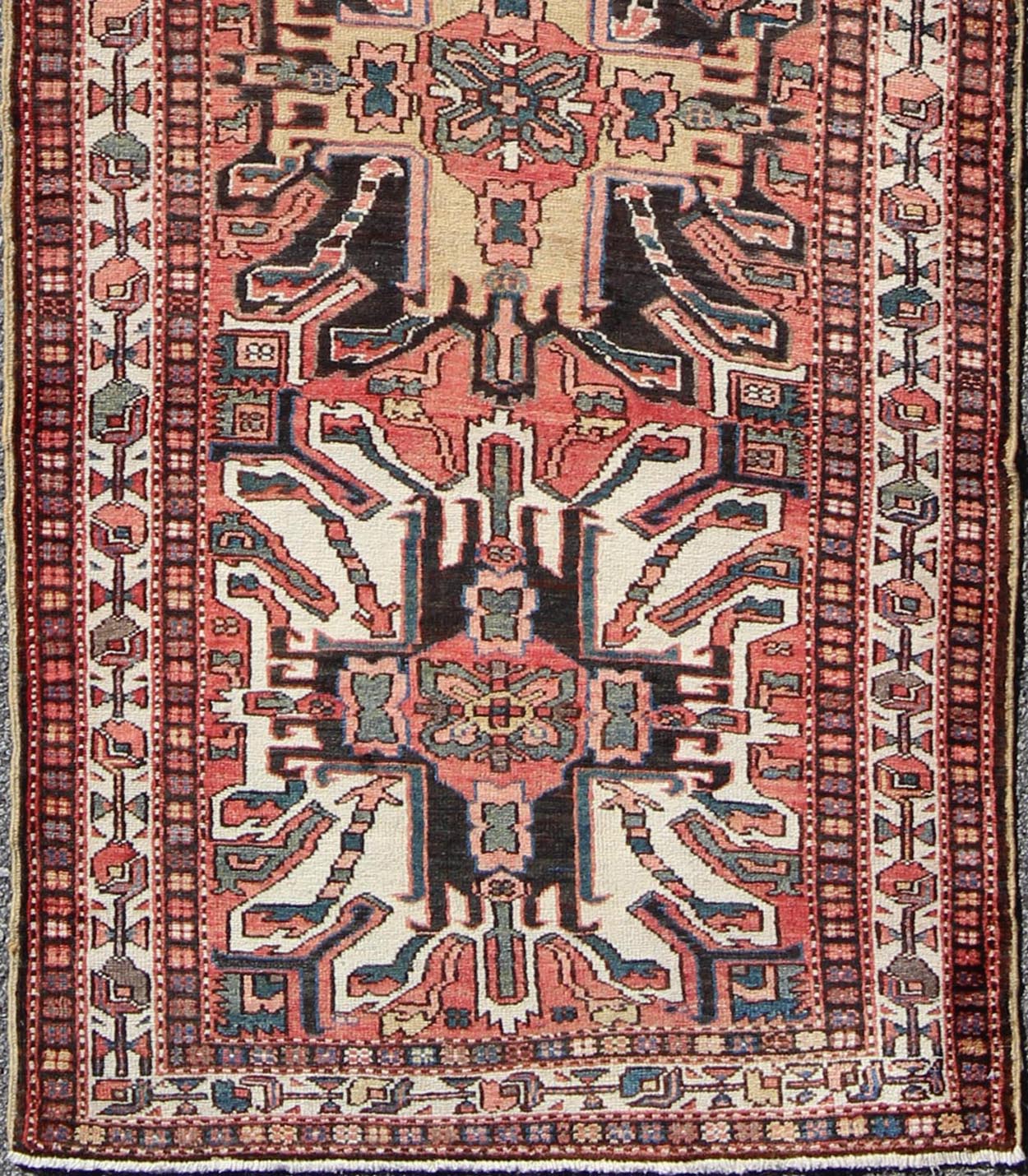 Multicolored Antique Persian Karajeh Runner With Vertical Geometric Tribal Medallions. Keivan Woven Arts / rug H - 202 - 29, country of origin / type: Caucasus / Karadjeh, circa 1920 Inspired by 19th century Eagle Kazak, the field design of this early 2... - Keivan Woven ArtsKB - H - 202 - 29 - 281Rug