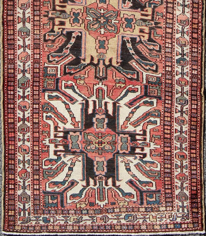 Multicolored Antique Persian Karajeh Runner With Vertical Geometric Tribal Medallions. Keivan Woven Arts / rug H - 202 - 29, country of origin / type: Caucasus / Karadjeh, circa 1920 Inspired by 19th century Eagle Kazak, the field design of this early 2... - Keivan Woven ArtsKB - H - 202 - 29 - 281Rug