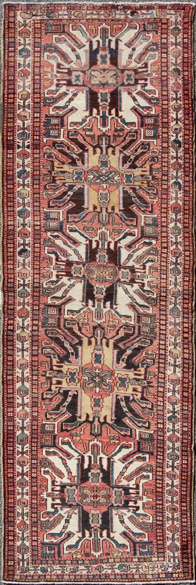 Multicolored Antique Persian Karajeh Runner With Vertical Geometric Tribal Medallions. Keivan Woven Arts / rug H - 202 - 29, country of origin / type: Caucasus / Karadjeh, circa 1920 Inspired by 19th century Eagle Kazak, the field design of this early 2... - Keivan Woven ArtsKB - H - 202 - 29 - 281Rug